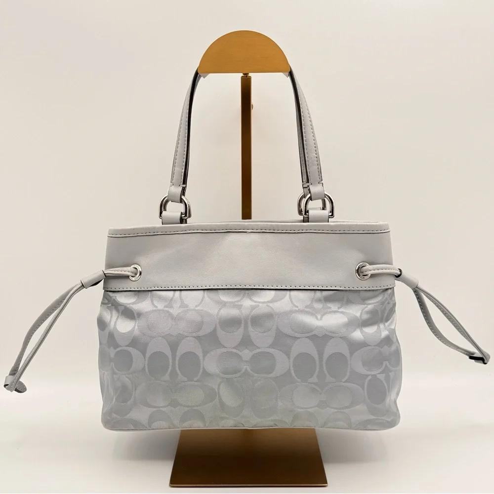 Coach Signature C Gray Leather Trim Satchel Purse Bag Shoulder Tote Handbag - Picture 2 of 15